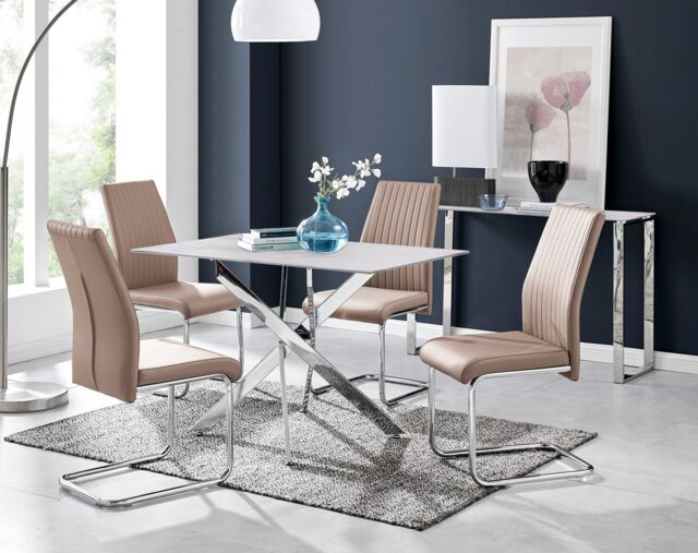 FurnitureboxUK Leonardo White Glass Marble Effect Silver Leg Table & 4 Lorenzo Chairs in Beige - image 1