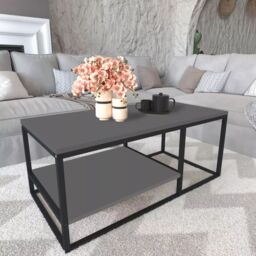 EONLION 2-Shelf Wooden Rectangle Coffee & Side Table With Metal Frame Living Room Décor in Black - thumbnail 1