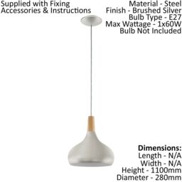 Loops Pendant Ceiling Light Colour Brushed Silver Shade Brown Wood Bulb E27 1x60W in Metallics - thumbnail 2