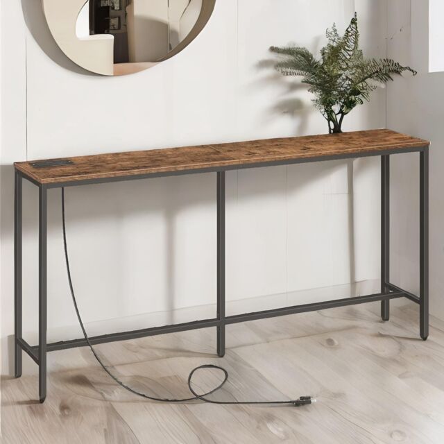 Pirlo Plush Industrial 160CM Wide Console Table With Charging Station Rustic Brown Hallway Furniture - image 1