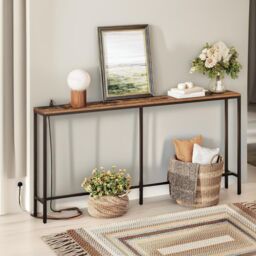 Pirlo Plush Industrial 160CM Wide Console Table With Charging Station Rustic Brown Hallway Furniture - thumbnail 4