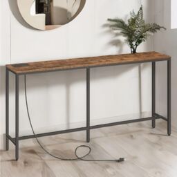 Pirlo Plush Industrial 160CM Wide Console Table With Charging Station Rustic Brown Hallway Furniture - thumbnail 1