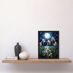 Artery8 Wall Art Print Ethereal Iris Flower Blooms Fantasy Lake Full Moon Framed in Blue - Size: A4 - thumbnail 4