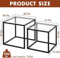Huhote Metal Frame Glass Top Nesting Side End Table 2 Set Coffee Table in Black - thumbnail 3