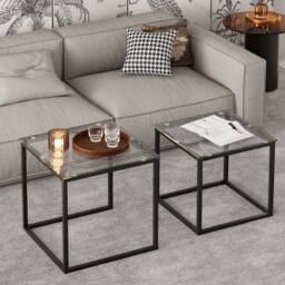 Huhote Metal Frame Glass Top Nesting Side End Table 2 Set Coffee Table in Black - thumbnail 1