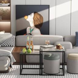 Huhote Metal Frame Glass Top Nesting Side End Table 2 Set Coffee Table in Black - thumbnail 5