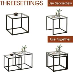 Huhote Metal Frame Glass Top Nesting Side End Table 2 Set Coffee Table in Black - thumbnail 6