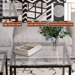 Huhote Metal Frame Glass Top Nesting Side End Table 2 Set Coffee Table in Black - thumbnail 8