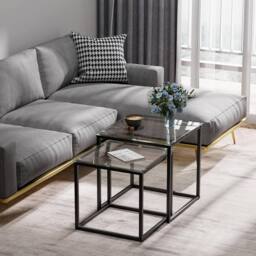 Huhote Metal Frame Glass Top Nesting Side End Table 2 Set Coffee Table in Black - thumbnail 4