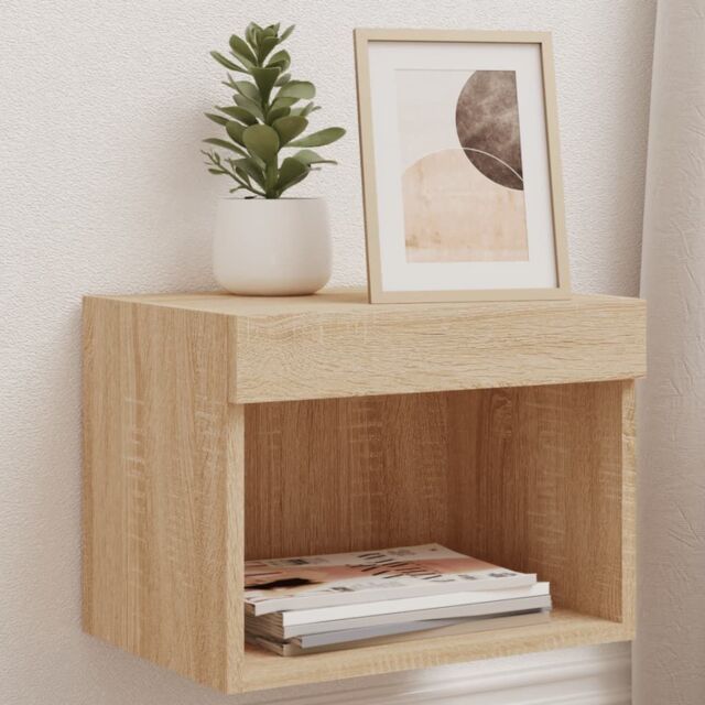 Berkfield Home Bedside Cabinets with LED Lights Wall-mounted 2 pcs Sonoma Oak in Brown - image 1