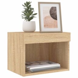 Berkfield Home Bedside Cabinets with LED Lights Wall-mounted 2 pcs Sonoma Oak in Brown - thumbnail 6