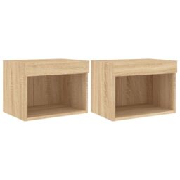 Berkfield Home Bedside Cabinets with LED Lights Wall-mounted 2 pcs Sonoma Oak in Brown - thumbnail 2
