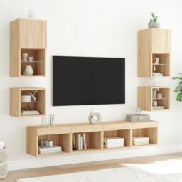 Berkfield Home Bedside Cabinets with LED Lights Wall-mounted 2 pcs Sonoma Oak in Brown - thumbnail 5