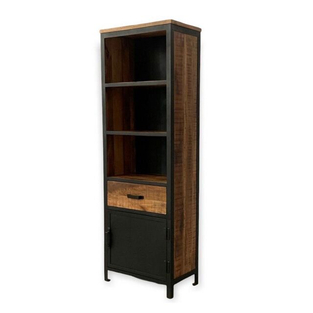 Jaipur Furniture Ltd Induse 1 Drawer Large Bookcase - Mango Wood/Iron - L37 x W65 x H190 cm - PP Sawn Finish in Brown - image 1