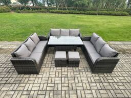 Fimous Rattan Garden Furniture Set with Oblong Rectangular Dining Table 2 Small Footstools 11 Seater Outdoor Lounge Sofa Set Dark Grey Mixed - thumbnail 1