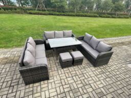 Fimous Rattan Garden Furniture Set with Oblong Rectangular Dining Table 2 Small Footstools 11 Seater Outdoor Lounge Sofa Set Dark Grey Mixed - thumbnail 2