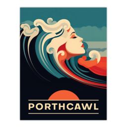 "Artery8 Wall Art Print The Seaside Calls Porthcawl Beach Wales UK Sunset Woman of the Waves Sea Siren Ocean Poster in Blue - Size: W18"" x H24""" - thumbnail 1