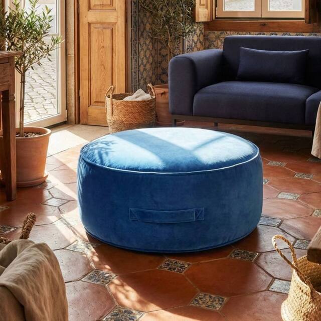 Wyld and Coco Blue Velvet Round Pouffe Ottoman with Handle - image 1