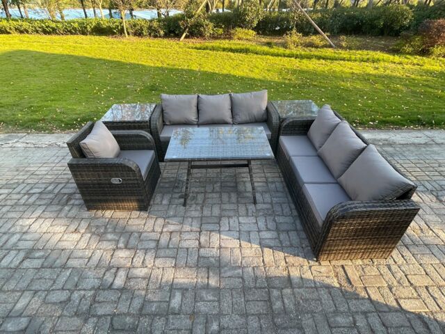 Fimous Outdoor Lounge Sofa Set Wicker PE Rattan Garden Furniture Set with Rectangular Dining Table Reclining Chair 2 Side Tables Dark Grey Mixed - image 1