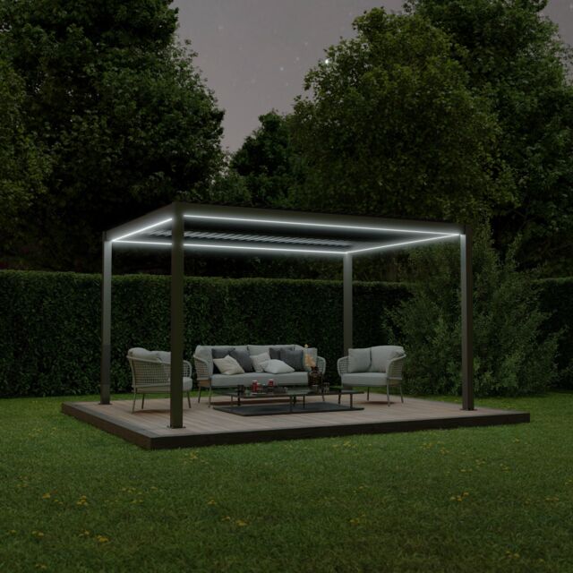 Agadon Aluminium Pergola Shading System with LED Lights & Motorised Slats in Dark Grey - image 1