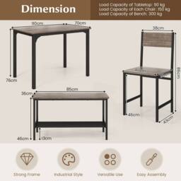 Costway 4-Piece Dining Table Set Kitchen Table with 2 Chairs & a Bench in Grey - thumbnail 4