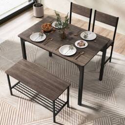 Costway 4-Piece Dining Table Set Kitchen Table with 2 Chairs & a Bench in Grey - thumbnail 3