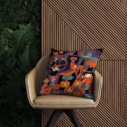 Warren Reed - Designer A Vibrant & Colorful Illustration Of Witches & Pumpkin Outdoor Cushion in Orange - Size: 45 cm x 45 cm - thumbnail 2