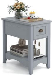 Gymax Retro Side Table Nightstand End Table With 1 Drawer & Solid Wood Legs in Grey