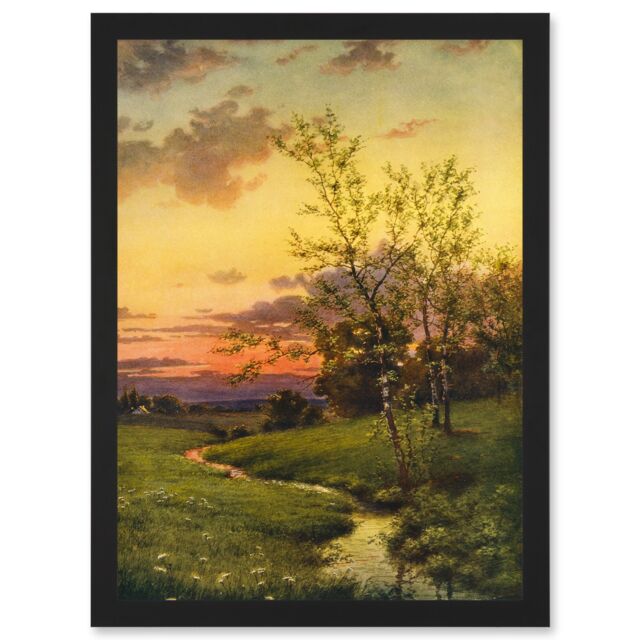Artery8 Paintings Landscape Sunset Countryside Tree Meadow Brook Stream Artwork Framed Wall Art Print A4 in Black - image 1