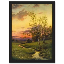 Artery8 Paintings Landscape Sunset Countryside Tree Meadow Brook Stream Artwork Framed Wall Art Print A4 in Black - thumbnail 1