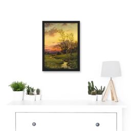 Artery8 Paintings Landscape Sunset Countryside Tree Meadow Brook Stream Artwork Framed Wall Art Print A4 in Black - thumbnail 2