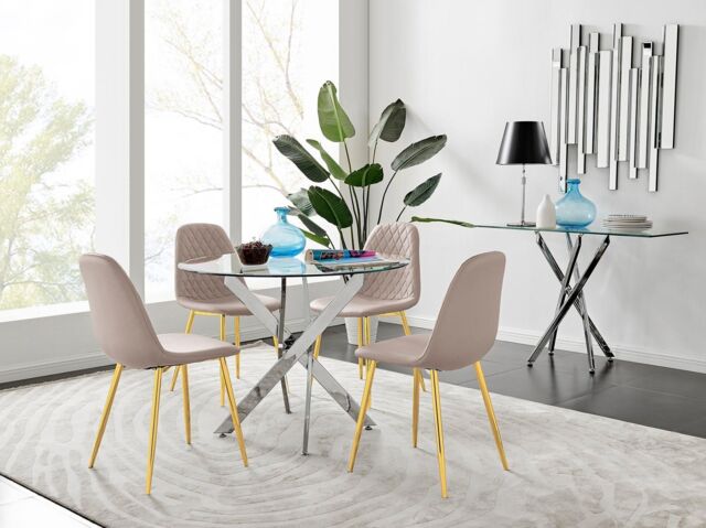 FurnitureboxUK Novara Chrome Metal 100cm Round Glass Dining Table & 4 Corona Gold Dining Chairs in Beige - image 1