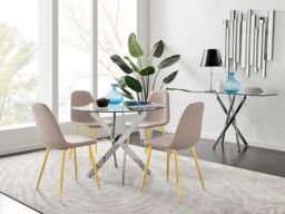 FurnitureboxUK Novara Chrome Metal 100cm Round Glass Dining Table & 4 Corona Gold Dining Chairs in Beige - thumbnail 1