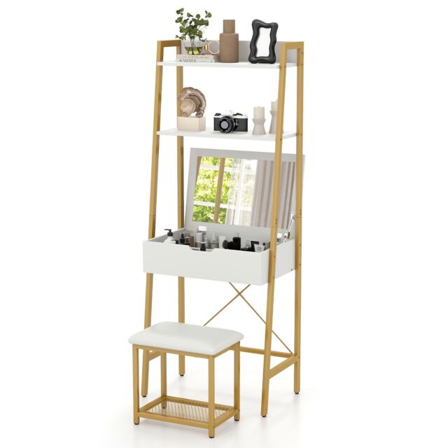 Costway 3 IN 1 Vanity Dressing Table Set Book Storage Shelf Ladder Desk Cushioned Stool in Natural - image 1