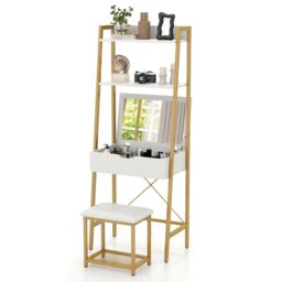 Costway 3 IN 1 Vanity Dressing Table Set Book Storage Shelf Ladder Desk Cushioned Stool in Natural - thumbnail 1