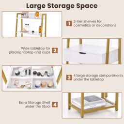 Costway 3 IN 1 Vanity Dressing Table Set Book Storage Shelf Ladder Desk Cushioned Stool in Natural - thumbnail 3
