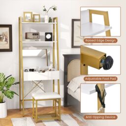 Costway 3 IN 1 Vanity Dressing Table Set Book Storage Shelf Ladder Desk Cushioned Stool in Natural - thumbnail 6