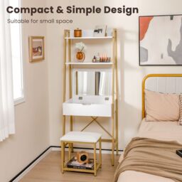 Costway 3 IN 1 Vanity Dressing Table Set Book Storage Shelf Ladder Desk Cushioned Stool in Natural - thumbnail 4