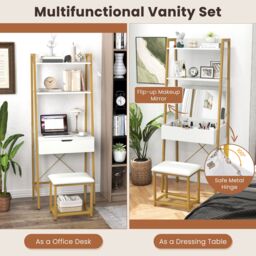 Costway 3 IN 1 Vanity Dressing Table Set Book Storage Shelf Ladder Desk Cushioned Stool in Natural - thumbnail 5