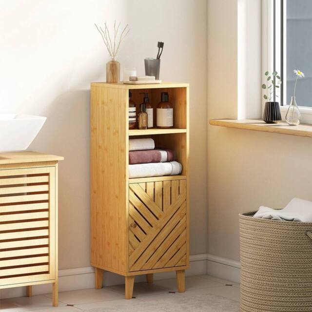 EONLION Slim Bathroom Cabinet with Bamboo Door in Brown - image 1