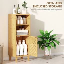 EONLION Slim Bathroom Cabinet with Bamboo Door in Brown - thumbnail 3