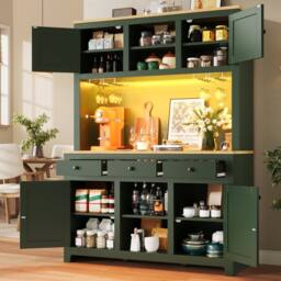 Merax Green Kitchen Dresser with Wine Glass Holder, Coffee Bar Worktop - thumbnail 5