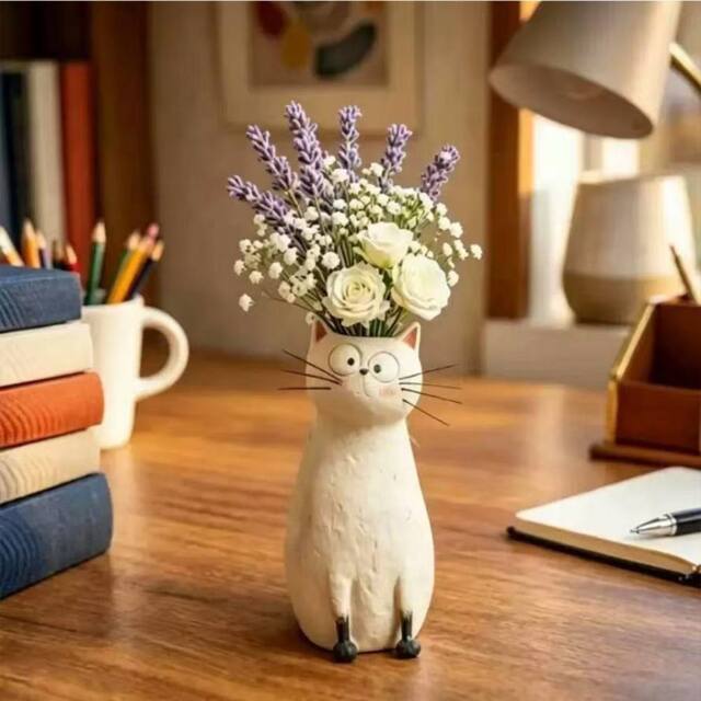 Quipulse Cute Resin Cat Shaped Decorative Vase Ornament in White - image 1