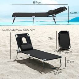 OUTSUNNY Folding Sun Lounger Reclining Chair w/ Pillow Reading Hole in Black - thumbnail 3