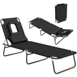 OUTSUNNY Folding Sun Lounger Reclining Chair w/ Pillow Reading Hole in Black - thumbnail 2