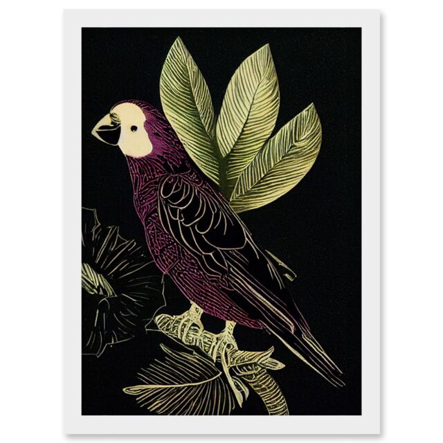 Artery8 Burgundy Parrot Leaves Tree Branch on Black Vintage Linocut Illustration Artwork Framed Wall Art Print A4 in White - image 1