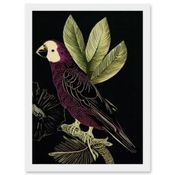Artery8 Burgundy Parrot Leaves Tree Branch on Black Vintage Linocut Illustration Artwork Framed Wall Art Print A4 in White