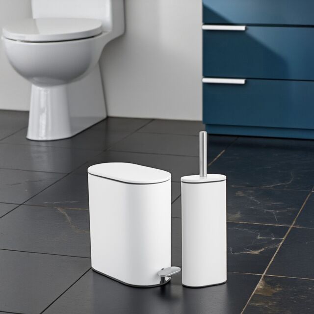 Showerdrape Fortuna 5L Soft Close Bathroom Pedal Bin & Toilet Brush Set in Satin Chrome in White