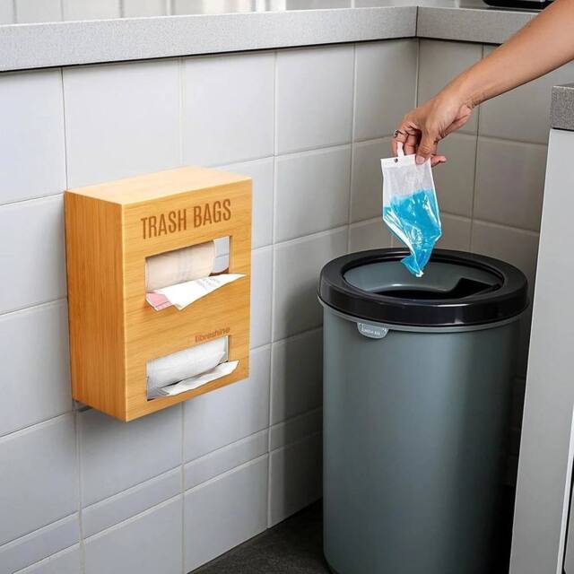 KORVIXA Bamboo Trash Bag Holder Wood 2 in 1 in Brown - Size: 500mm - image 1
