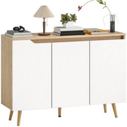 HOMCOM Sideboard Storage Cabinet with 5 Rubberwood Legs, White & Oak - thumbnail 2